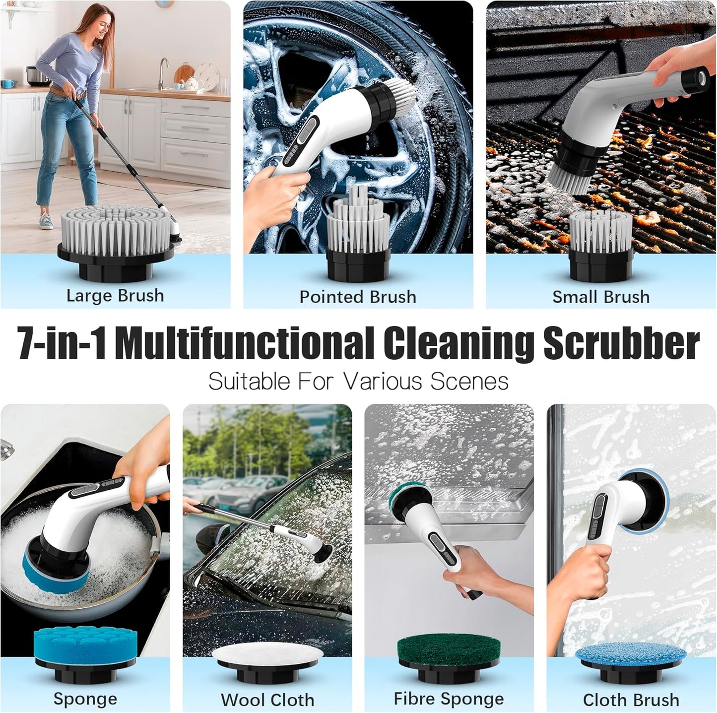 Brosse de nettoyage électrique rotative avec 8 têtes & manche extensible