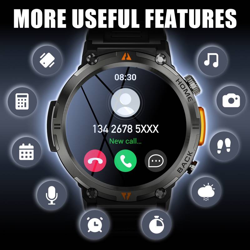 Montre intelligente pour hommes tactique robuste avec lampe de poche d'appel Bluetooth 1,45'' grand écran