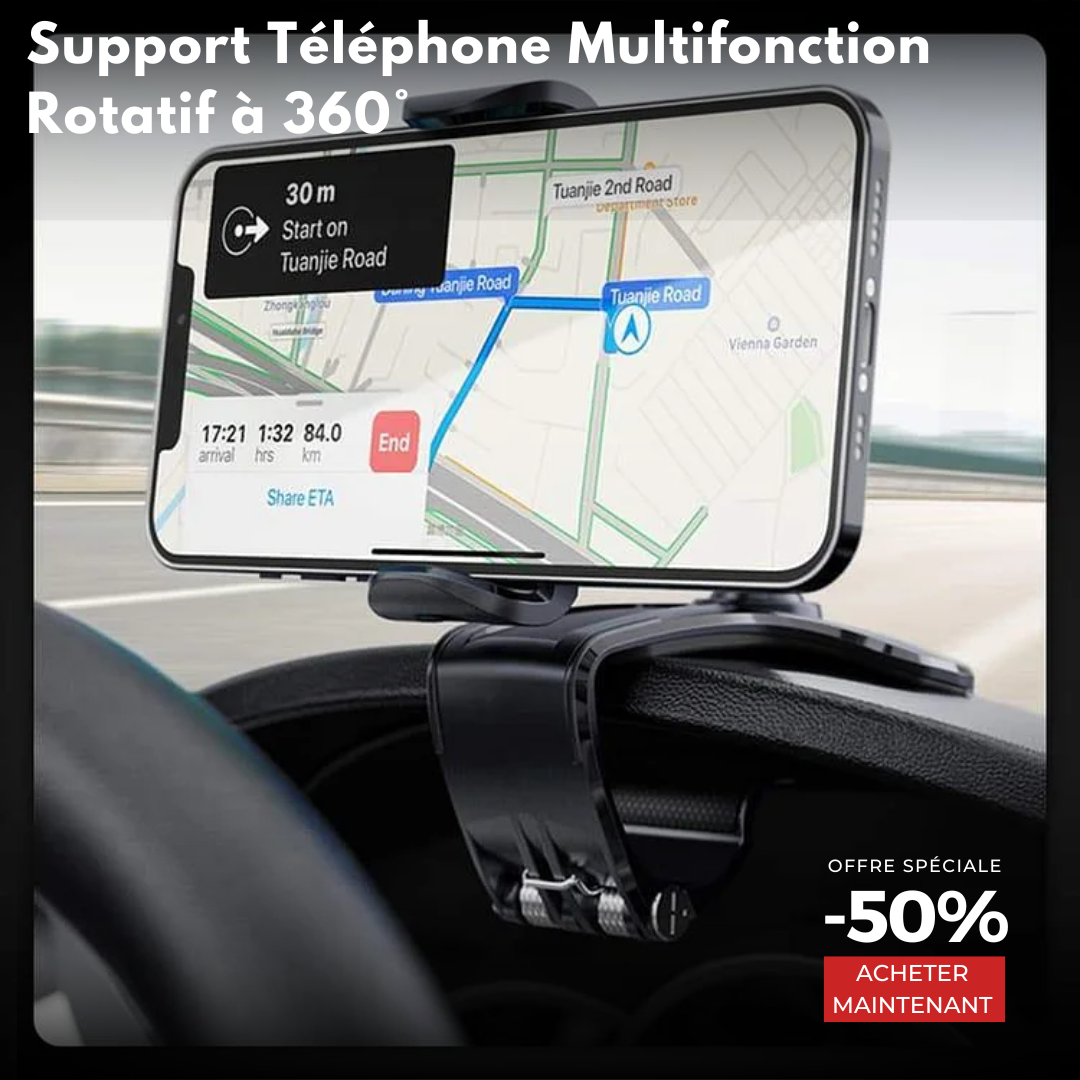 Support téléphone voiture multifonction rotatif à 360