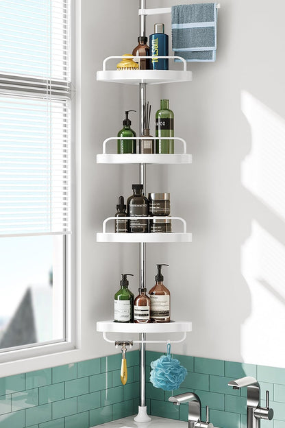 Étagère Salle de Bain - Blanc, 5 Plateaux, 4 Crochets, 1 Porte-Serviettes
