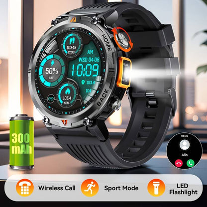 Montre intelligente pour hommes tactique robuste avec lampe de poche d'appel Bluetooth 1,45'' grand écran