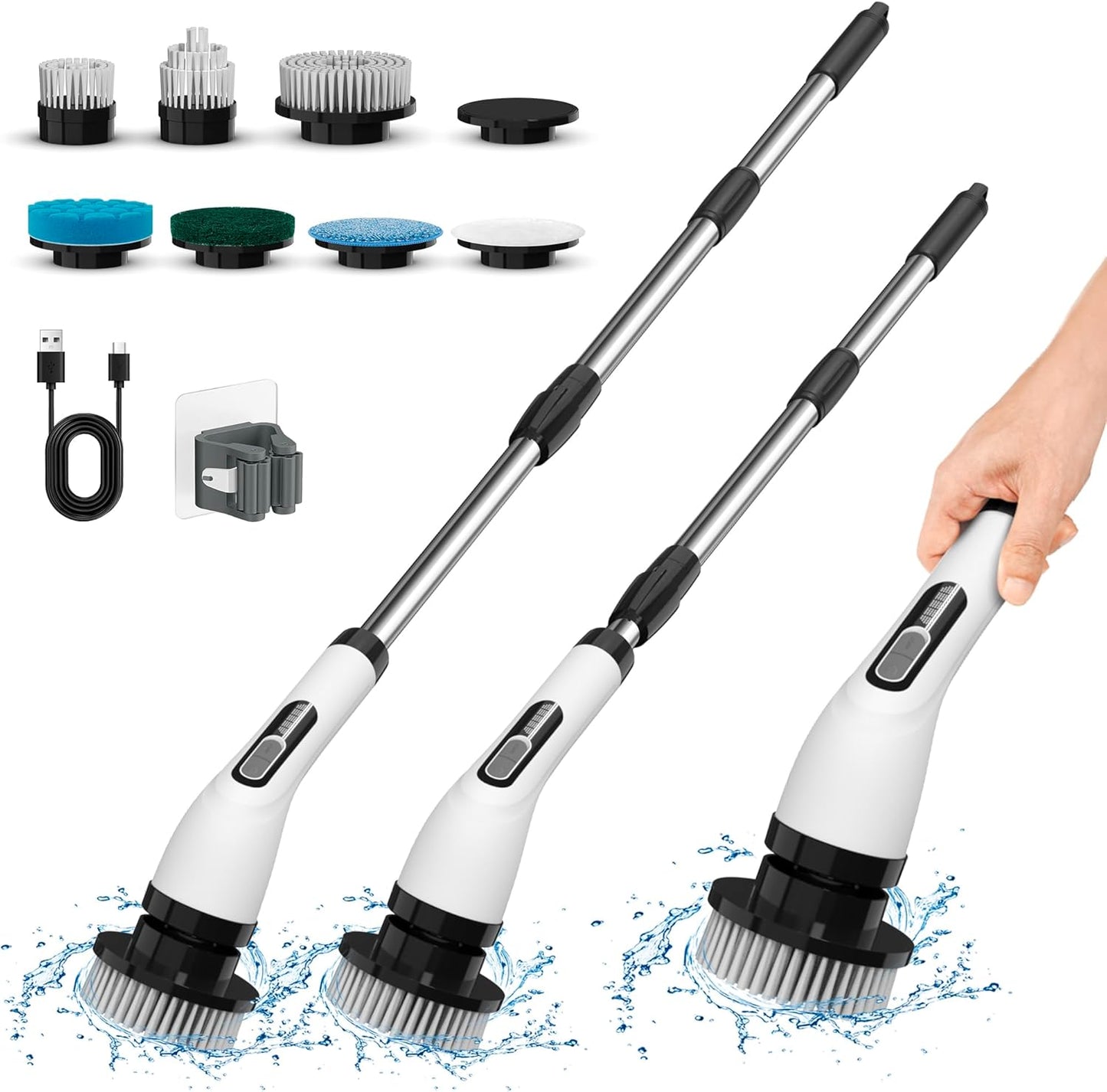 Brosse de nettoyage électrique rotative avec 8 têtes & manche extensible
