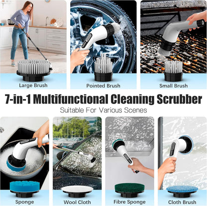 Brosse de nettoyage électrique rotative avec 8 têtes & manche extensible