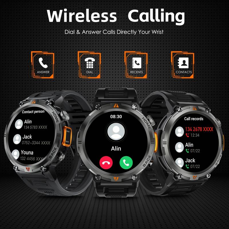 Montre intelligente pour hommes tactique robuste avec lampe de poche d'appel Bluetooth 1,45'' grand écran