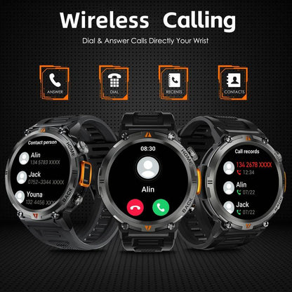 Montre intelligente pour hommes tactique robuste avec lampe de poche d'appel Bluetooth 1,45'' grand écran