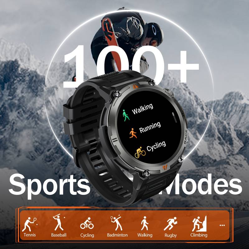 Montre intelligente pour hommes tactique robuste avec lampe de poche d'appel Bluetooth 1,45'' grand écran