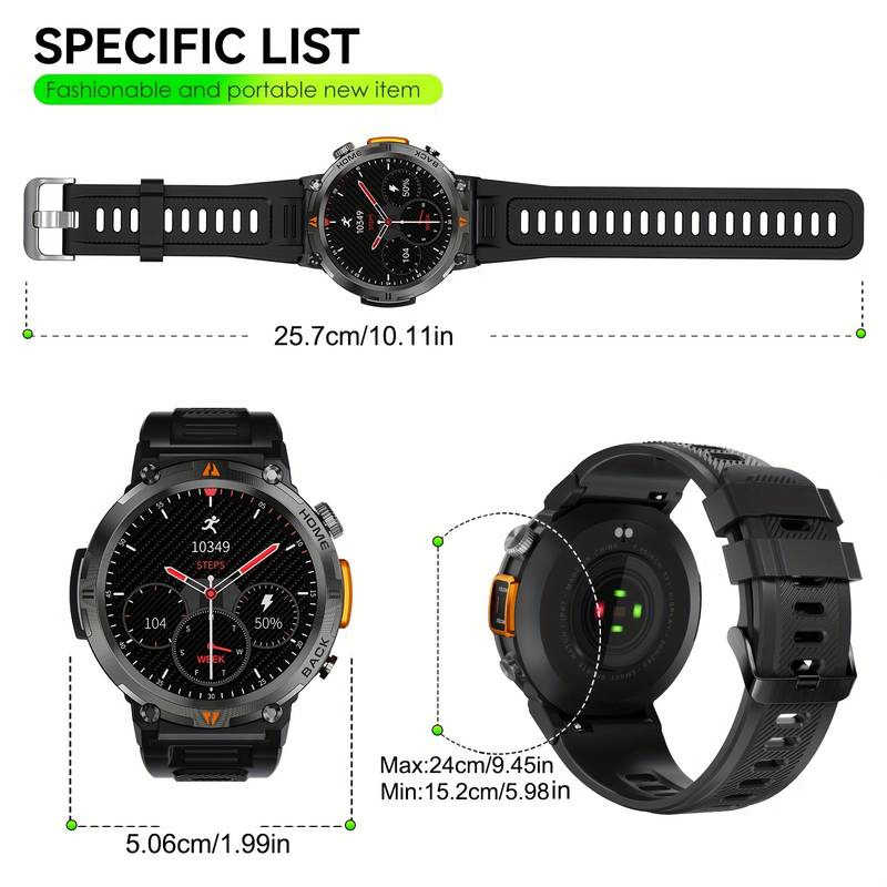 Montre intelligente pour hommes tactique robuste avec lampe de poche d'appel Bluetooth 1,45'' grand écran